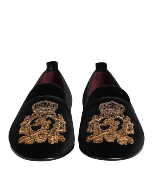 Black Velvet Gold Crown Mens Loafers Shoes