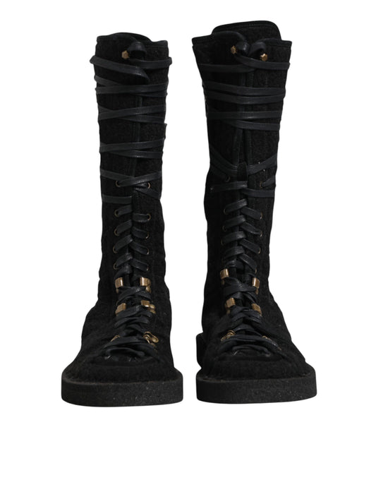 Black Alpaca Wool Suede Mid Calf Boots Shoes
