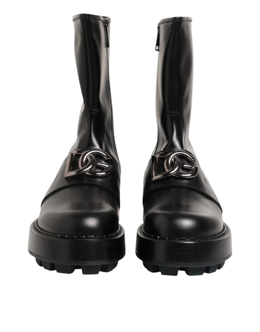 Black Logo Plaque Mid Calf Biker Boots Shoes