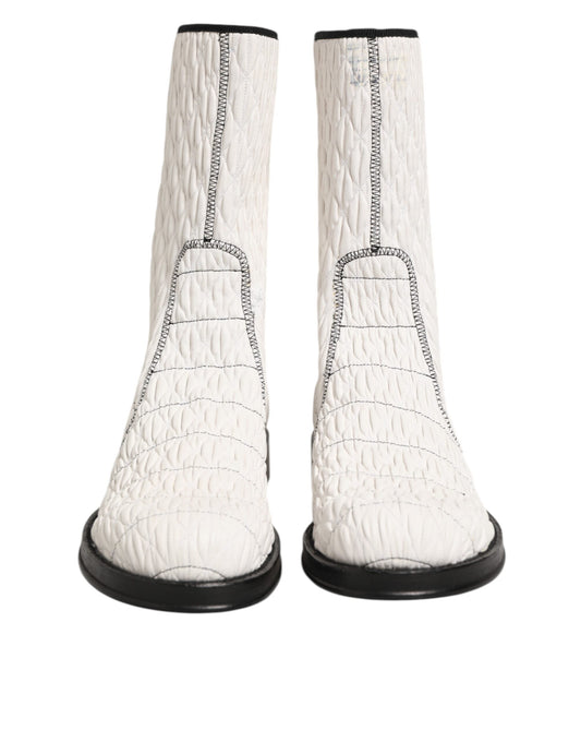 White Lambskin Leather Mid Calf Boots Shoes