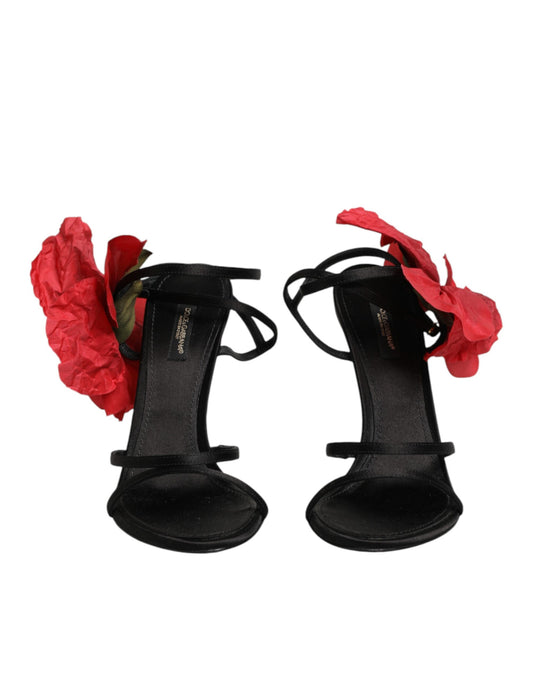 Black Leather Strappy Flower Heels Sandals Shoes