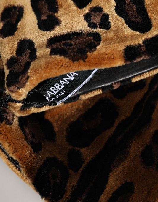Brown Black Leopard Leather Elbow Length Mitten Gloves
