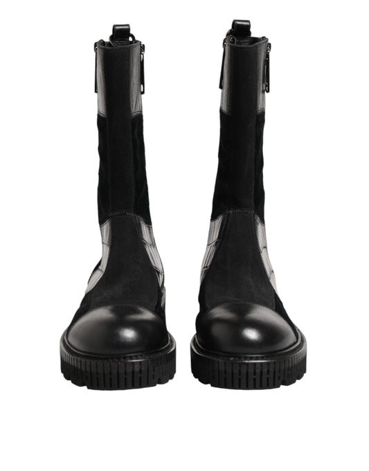 Black Patchwork Leather Mid Calf Boot Shoes