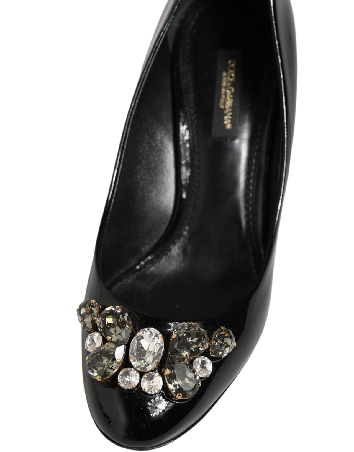 Black Leather Crystals Heels Pumps Shoes