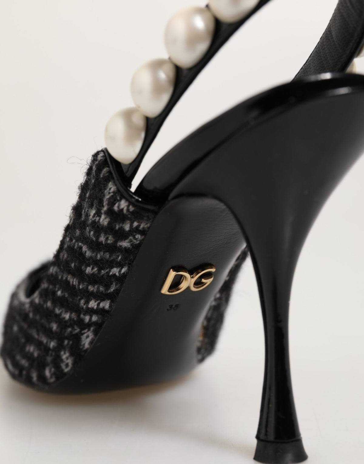 White Black Chevron Faux Pearl Slingbacks Shoes
