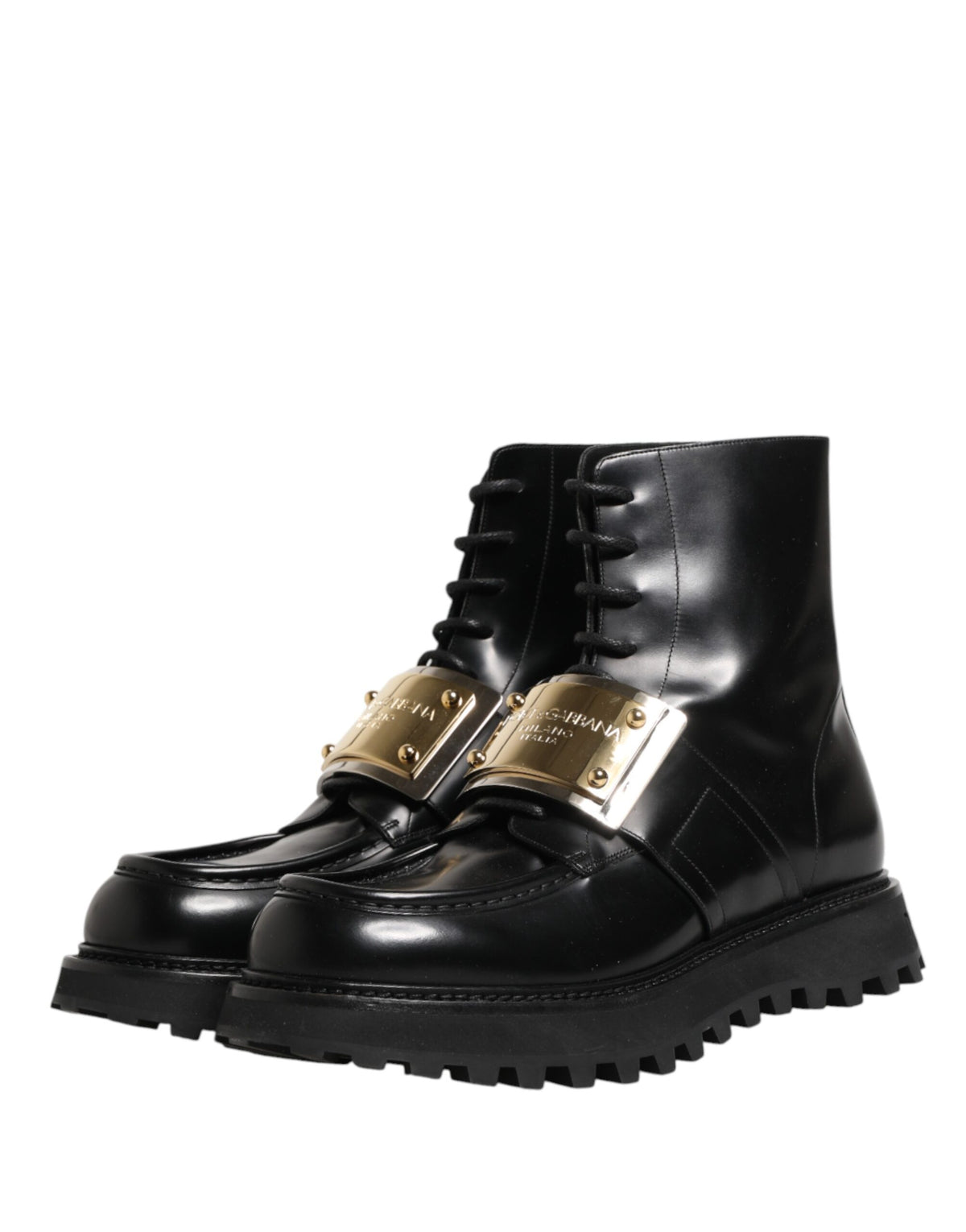 Black Leather DG Plaque Lace Up Boots Shoes