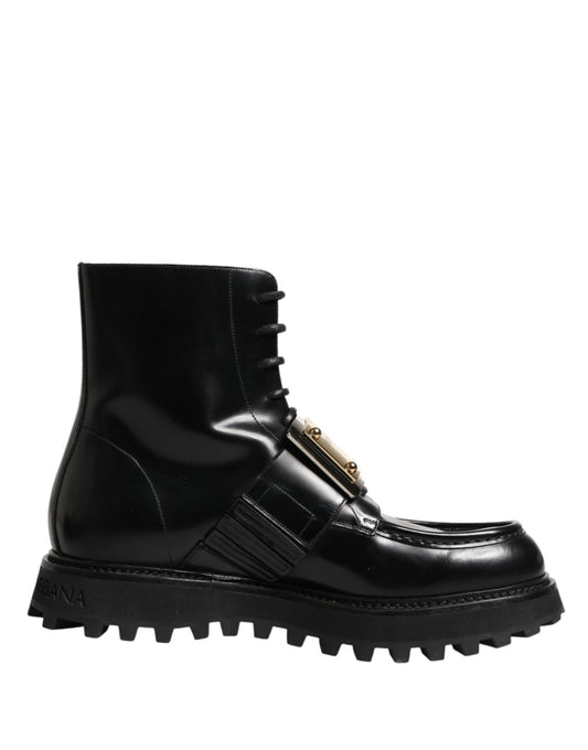 Black Leather DG Plaque Lace Up Boots Shoes