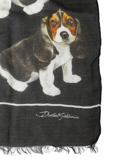 Black Modal Wool Dog Print Fringed 178cm x 64cm Scarf