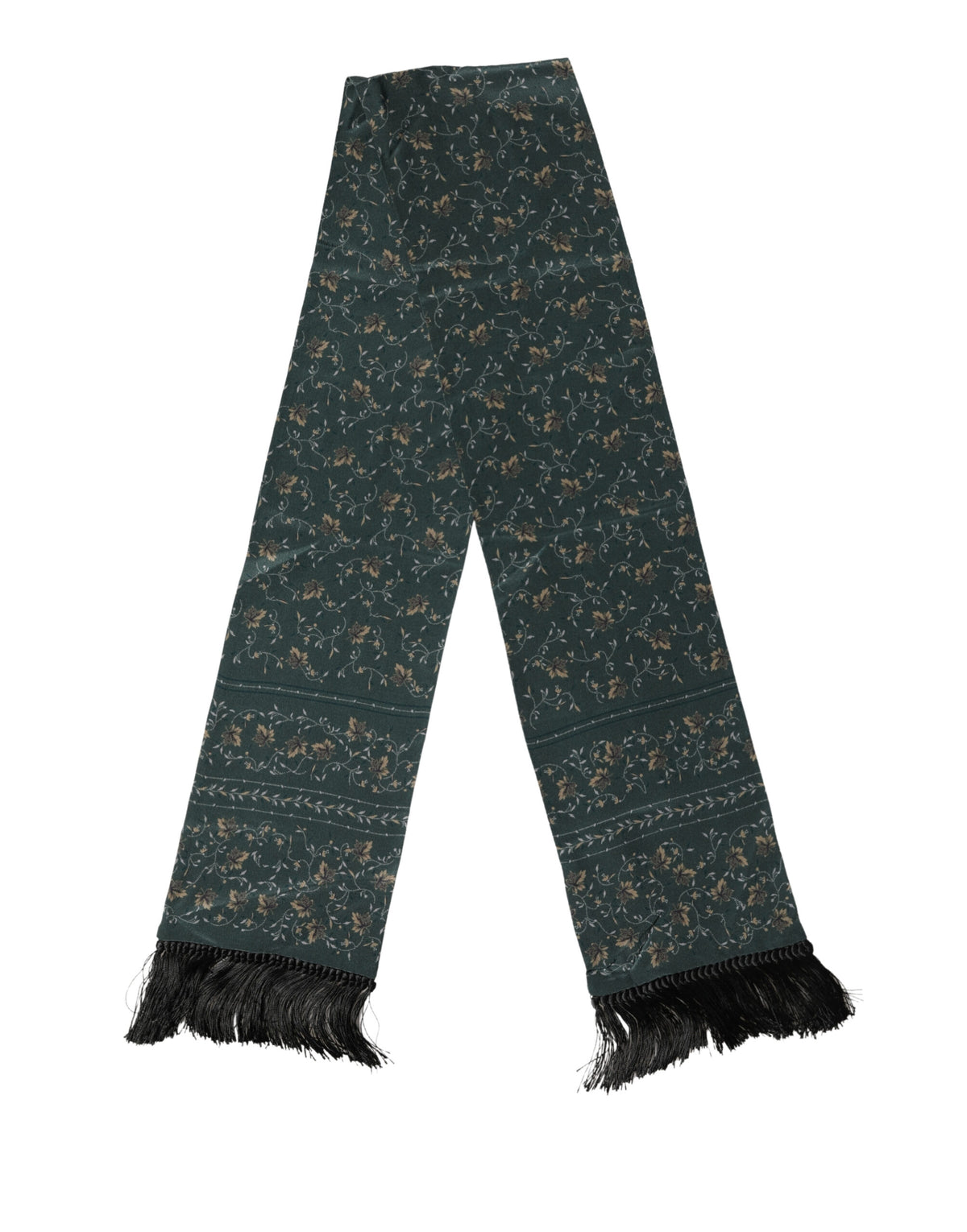 Green Silk Floral Pattern Fringed 135cm X 16cm  Scarf