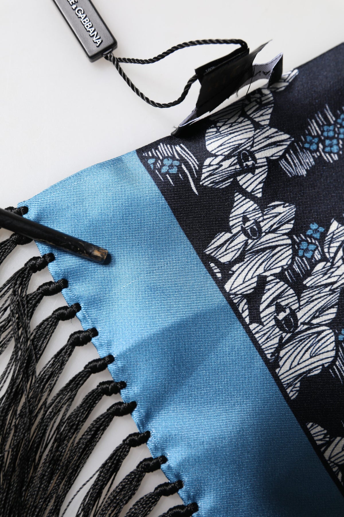 Black Blue Silk Floral Pattern Fringe 140cm x 16cm  Scarf