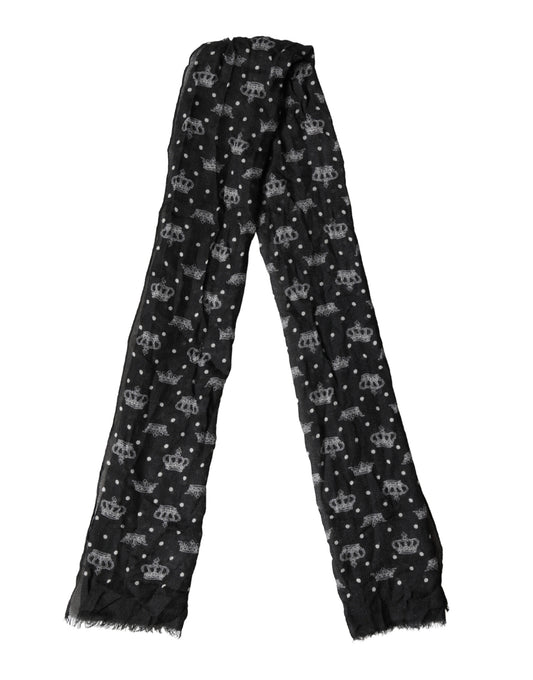 Black Wool Crown Print Fringe Neck Wrap 180cm x 65cm Scarf