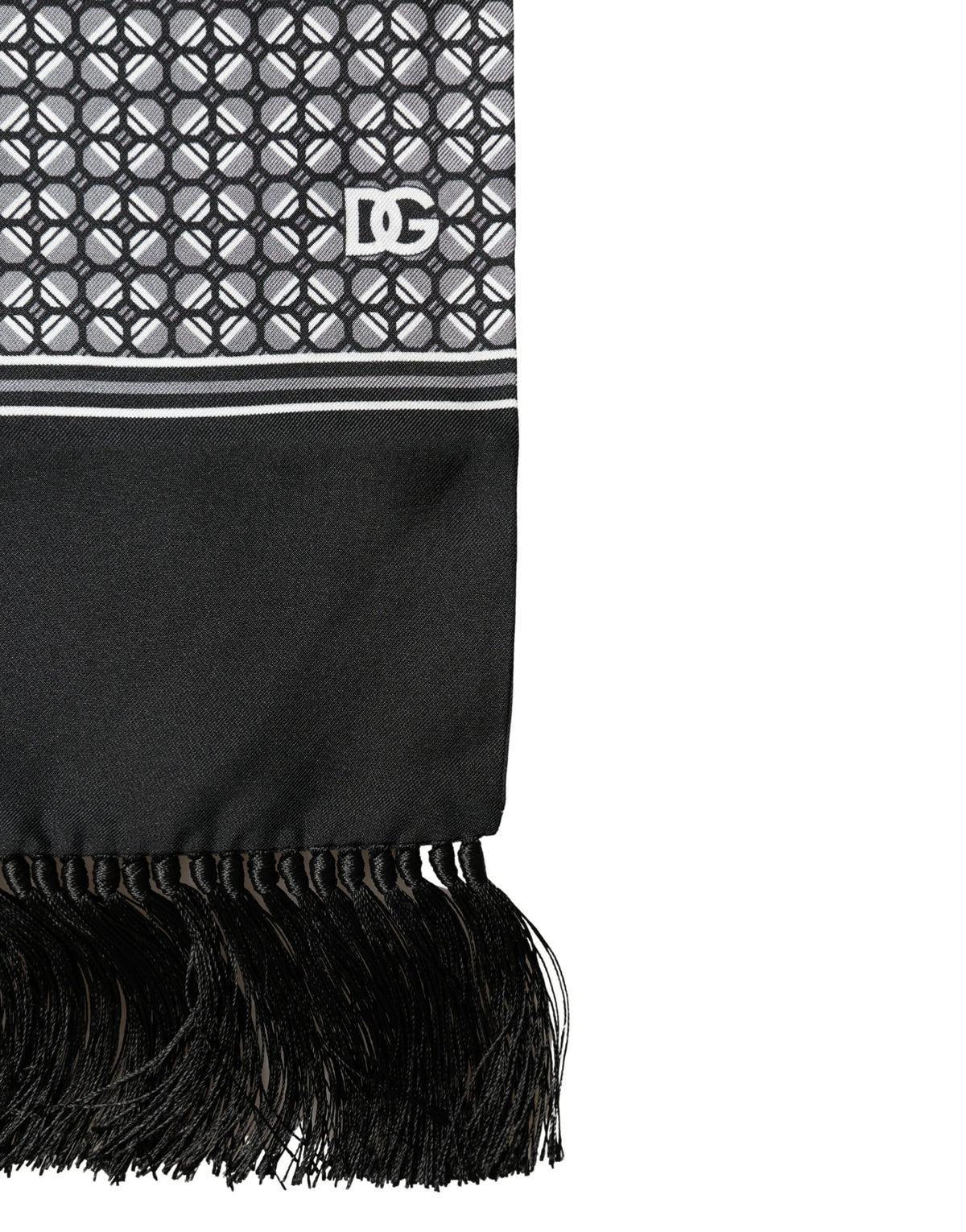 Black Silk Geometric Fringed Foulard 140cm x 15cm Scarf