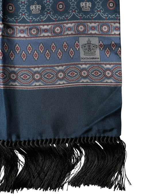 Blue Silk Crown Geometric Wrap Foulard 184cm X 33cm Scarf