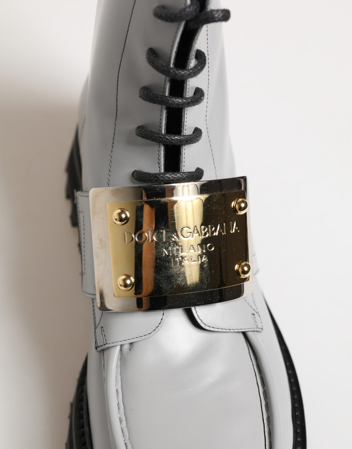 Gray Leather Logo Plaque Ankle Boots Shoes