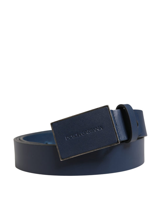 Blue Calfskin Leather Logo Metal Buckle Belt