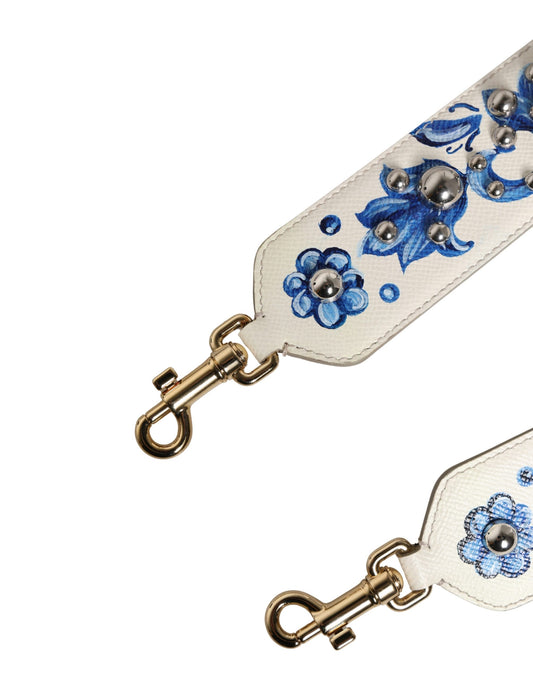 White Blue Floral Leather Stud Accessory Shoulder Strap