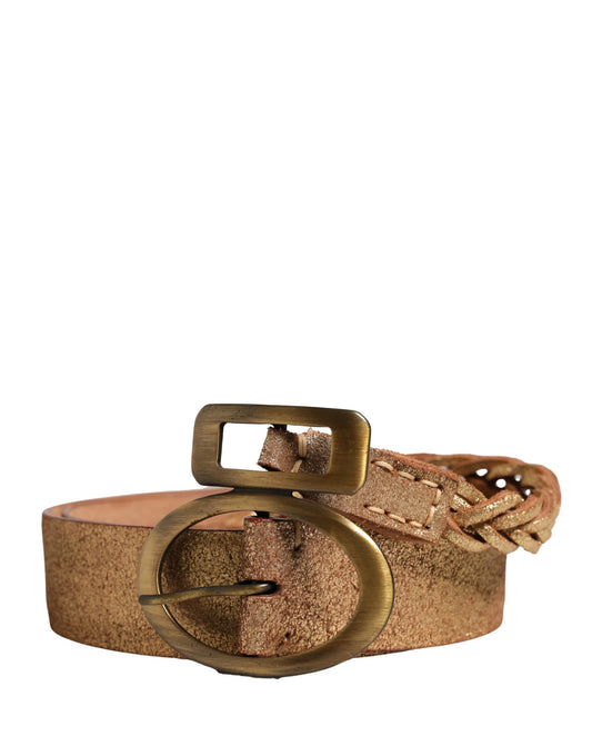 Brown Leather Braided Metal Buckle Belt