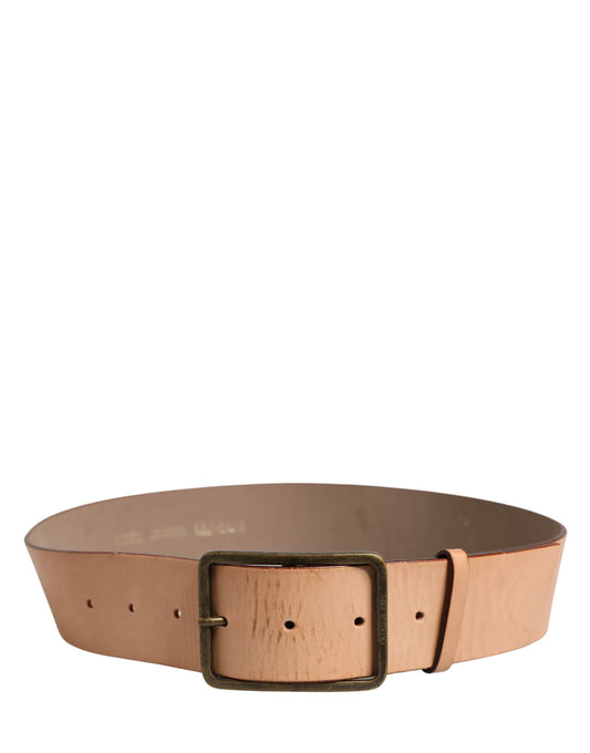 Beige Genuine Leather Wide Waist Metal Buckle Belt