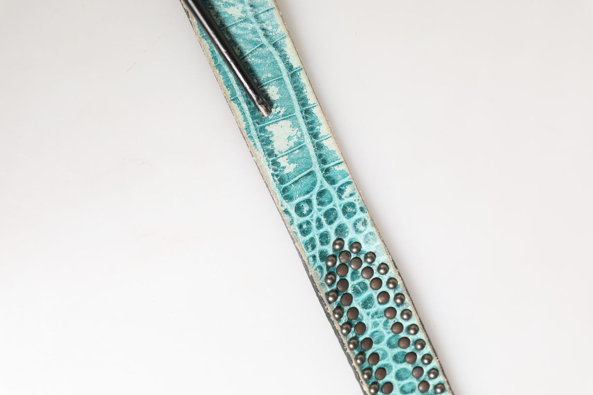 Women Green Leather Croco Print Studded Belt