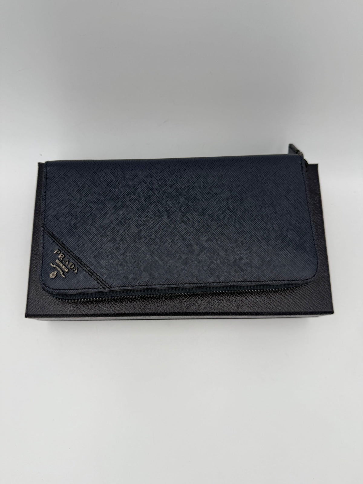 PRADA Zip in Blue Saffiano Wallet