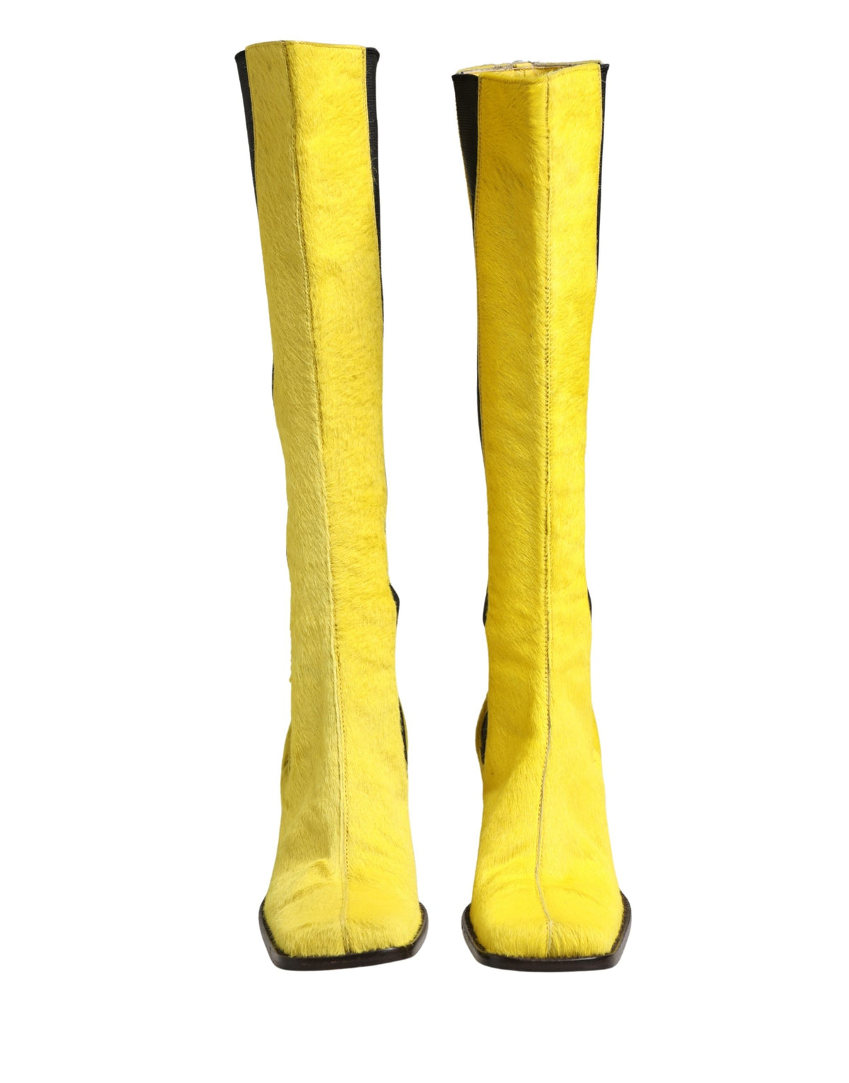 Yellow Black Leather Knee High Boots Shoes