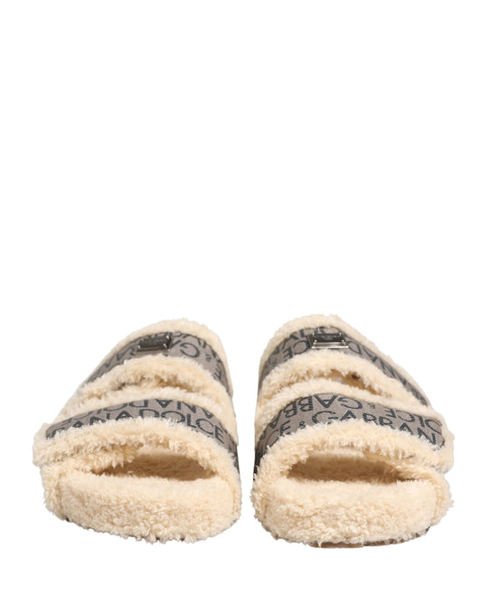 Beige Faux Fur Logo Print Flats Sandals Shoes
