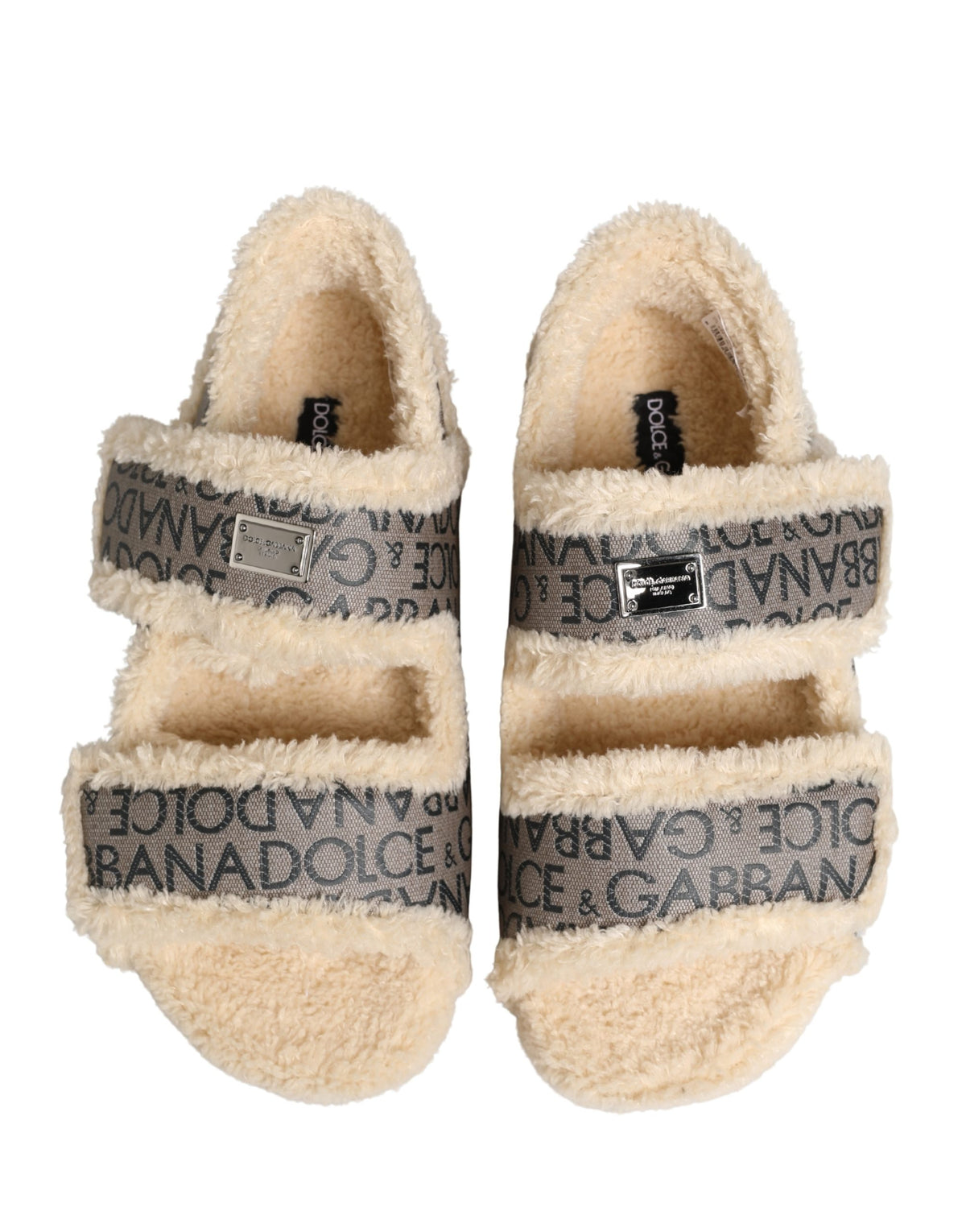 Beige Faux Fur Logo Print Flats Sandals Shoes