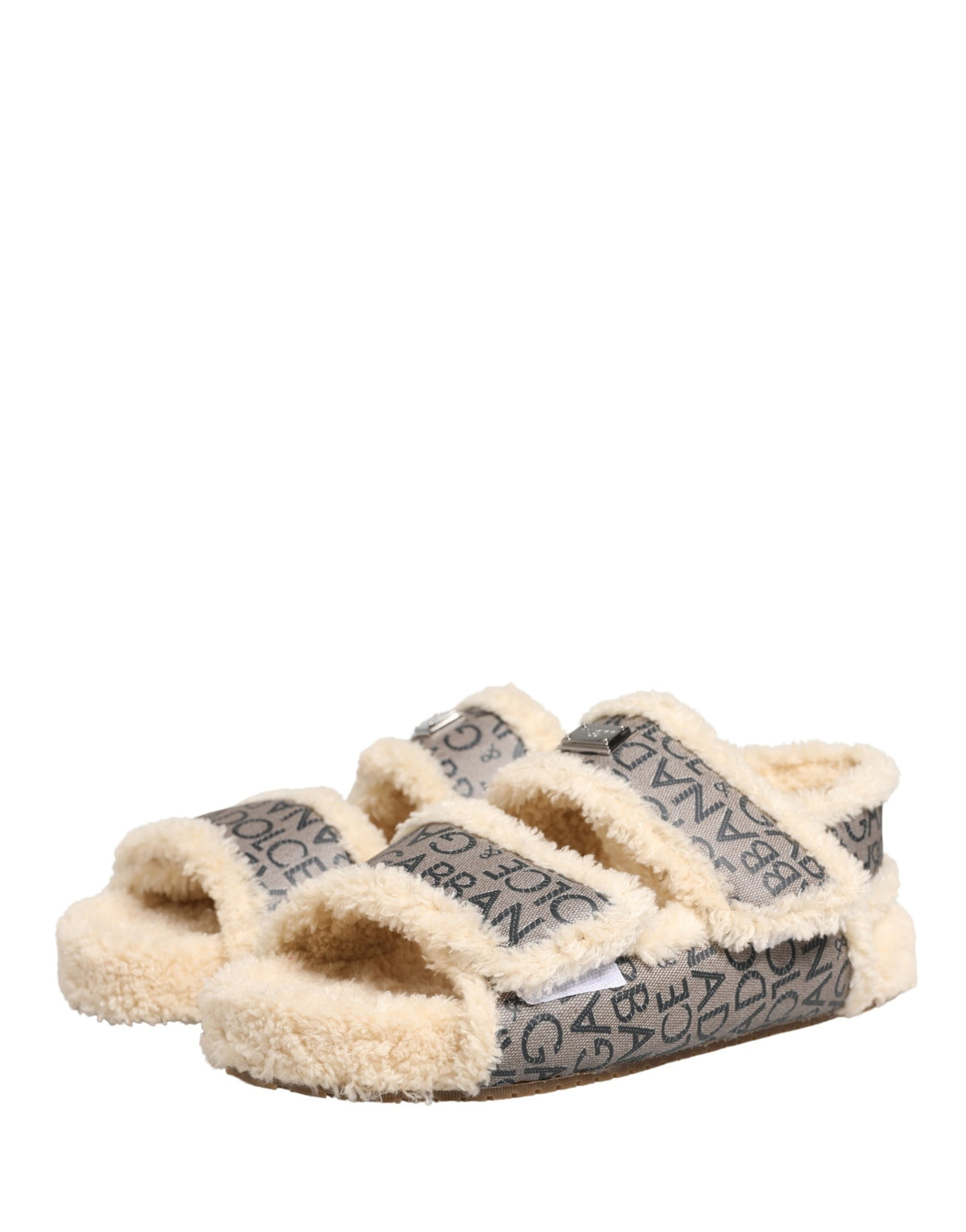 Beige Faux Fur Logo Print Flats Sandals Shoes