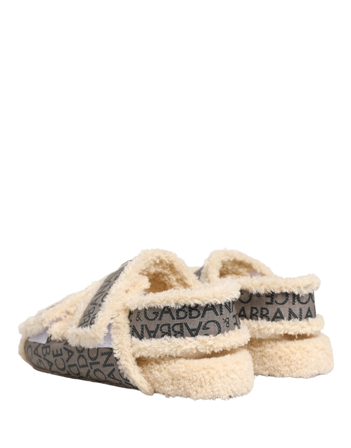Beige Faux Fur Logo Print Flats Sandals Shoes