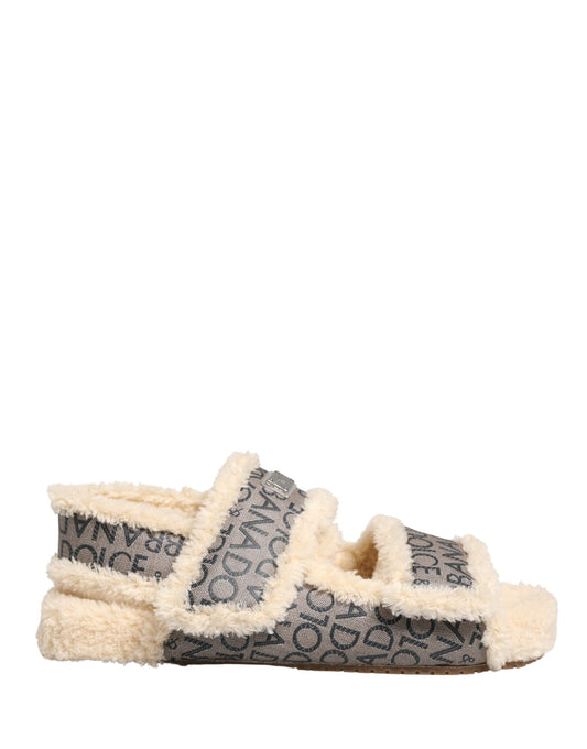 Beige Faux Fur Logo Print Flats Sandals Shoes