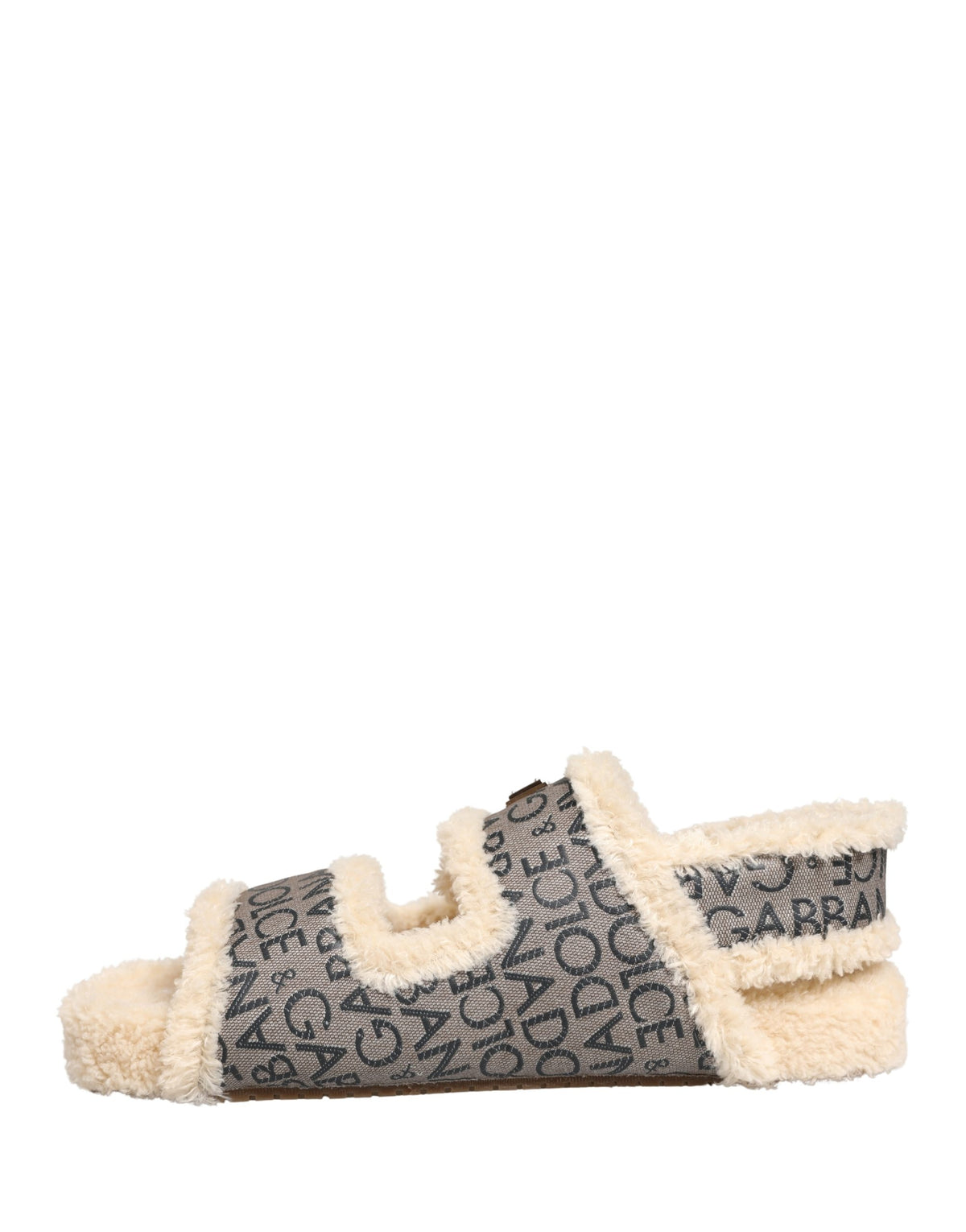 Beige Faux Fur Logo Print Flats Sandals Shoes