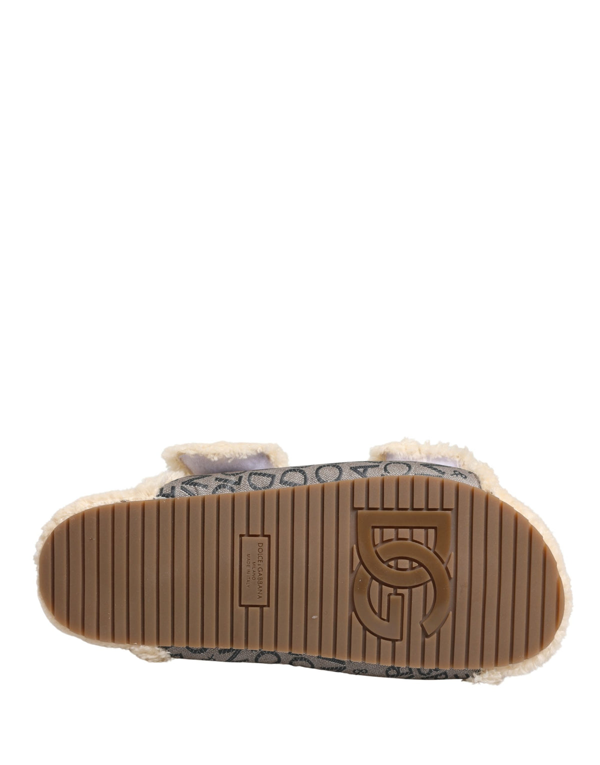 Beige Faux Fur Logo Print Flats Sandals Shoes