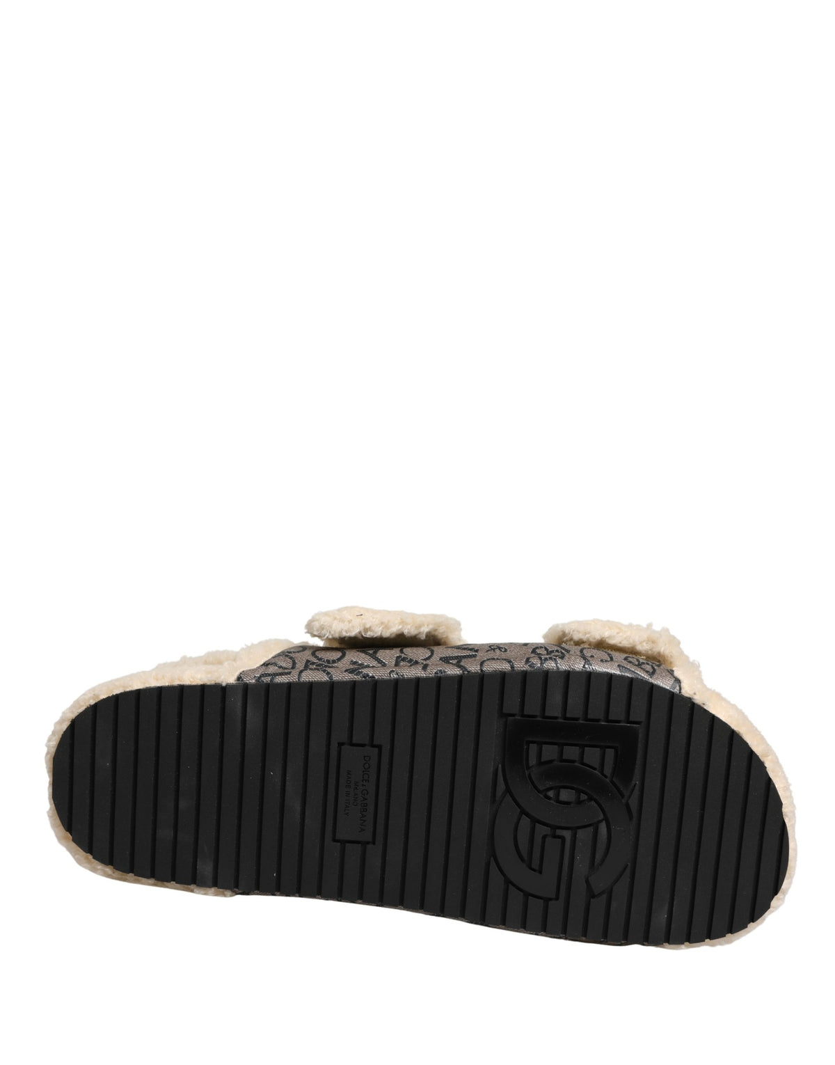 Beige Faux Fur Logo Print Flats Sandals Shoes