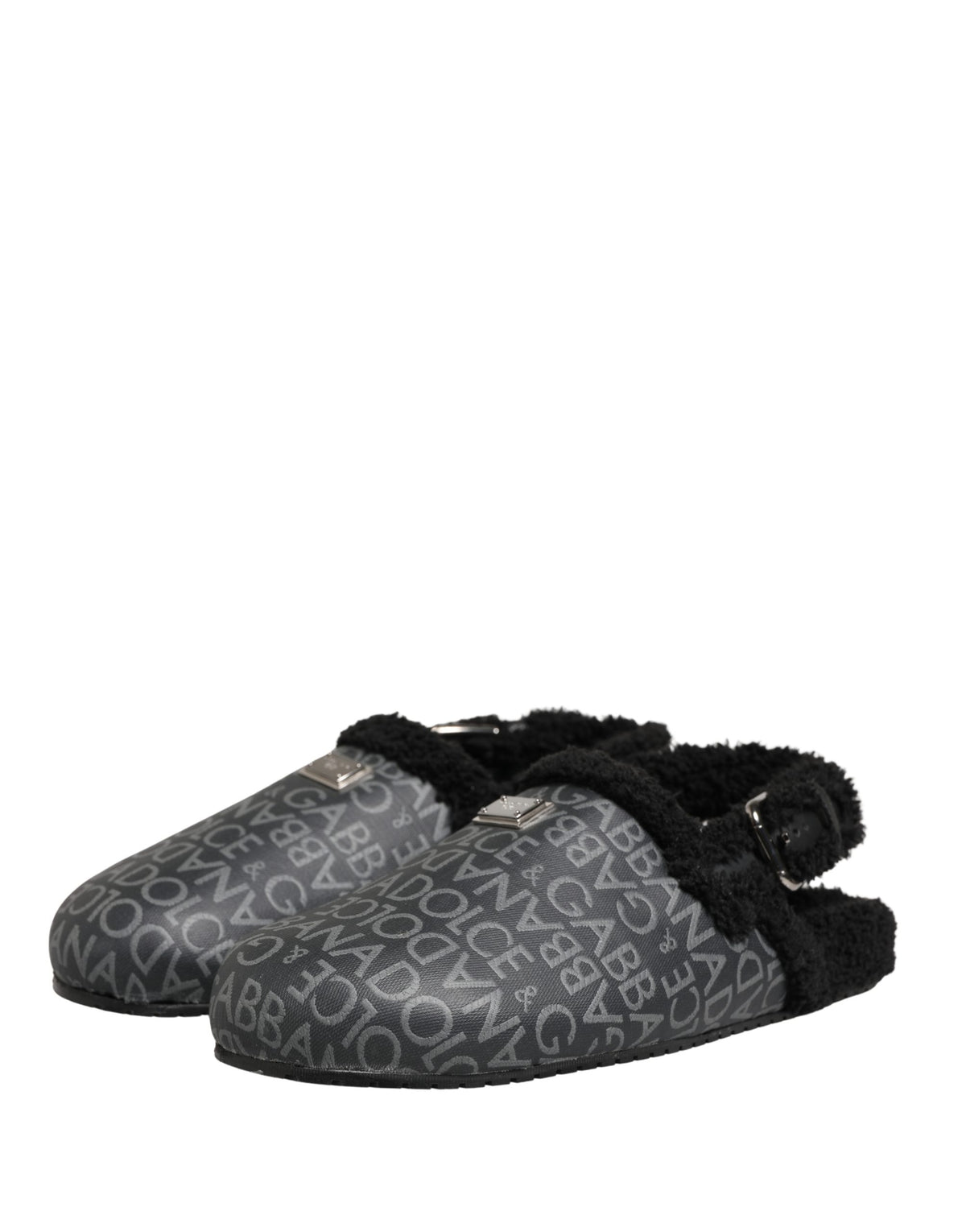 Gray Faux Fur Jacquard Mules Sandals Shoes