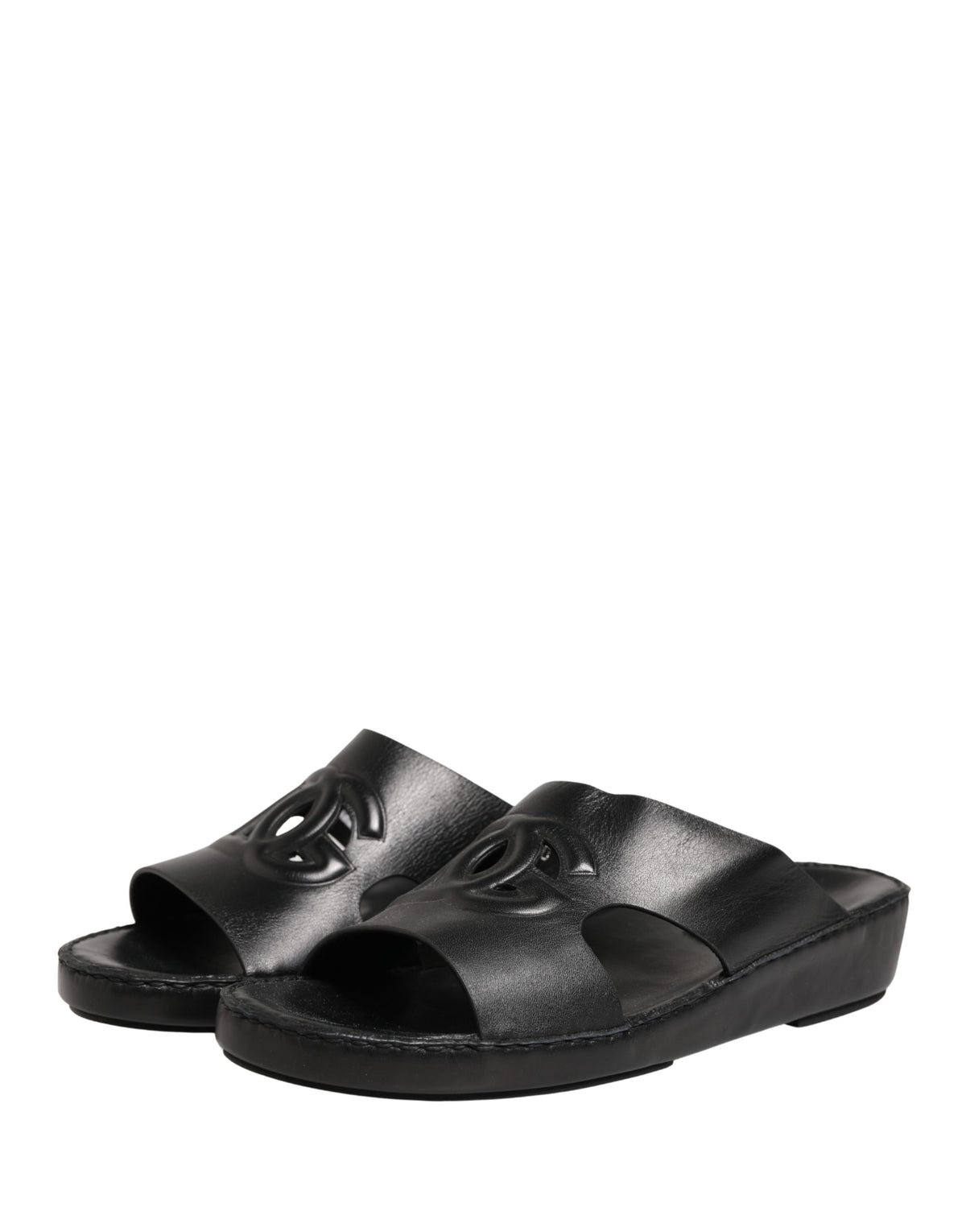 Black Leather Cutout DG Logo Sandals Shoes