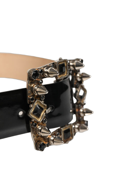 Black Leather Crystal Metal Buckle Belt