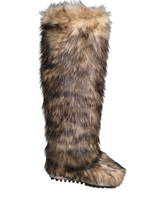 Brown Faux Skim Ski Fur Knee High Boots Shoes