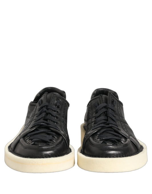 Black Leather Lace Up Low Top Sneakers Shoes