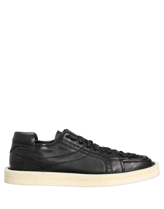 Black Leather Lace Up Low Top Sneakers Shoes