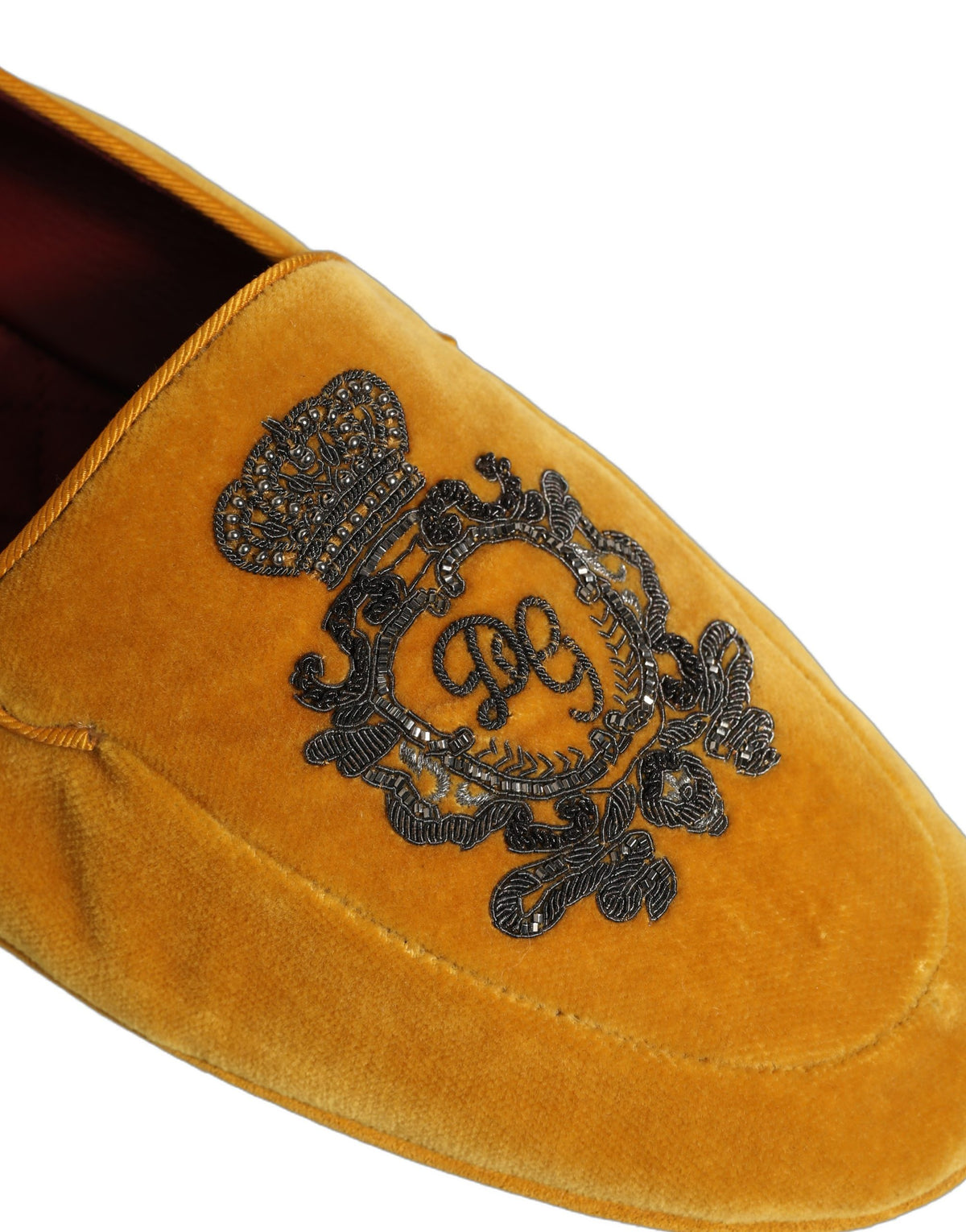 Yellow Velvet Crown Embroidery Loafers Shoes