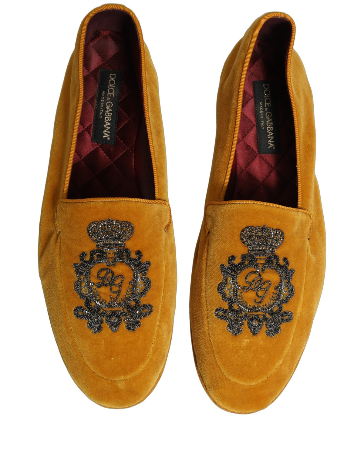 Yellow Velvet Crown Embroidery Loafers Shoes