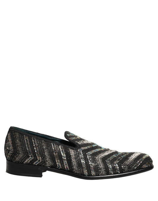 Black Silver Embellished Slip On Loafers Shoes