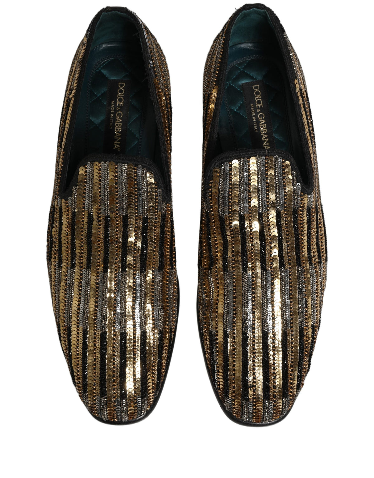 Gold Striped Sequin Embellished Loafer Shoes
