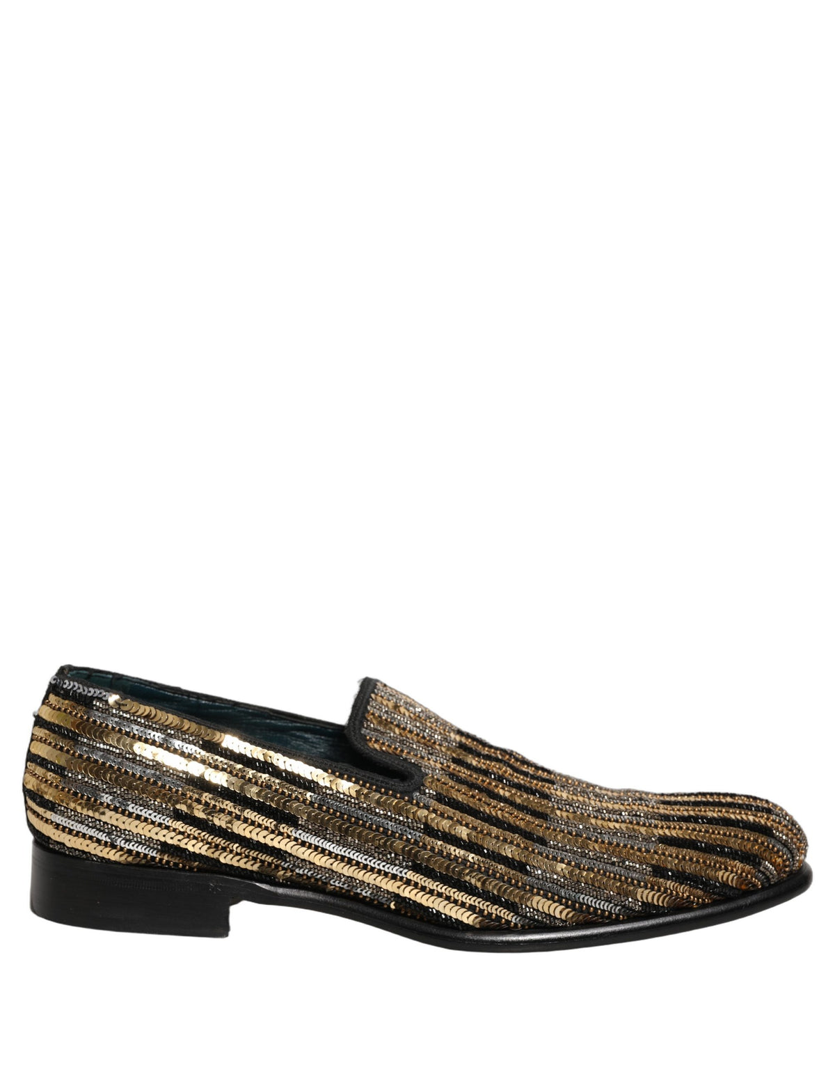 Gold Striped Sequin Embellished Loafer Shoes