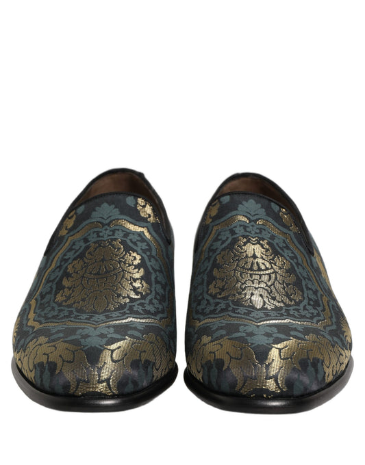 Black Floral Brocade Slip On Loafers Shoes