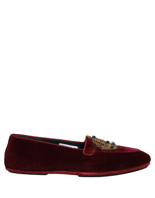 Burgundy Velvet Crown Slip On Loafers Shoes