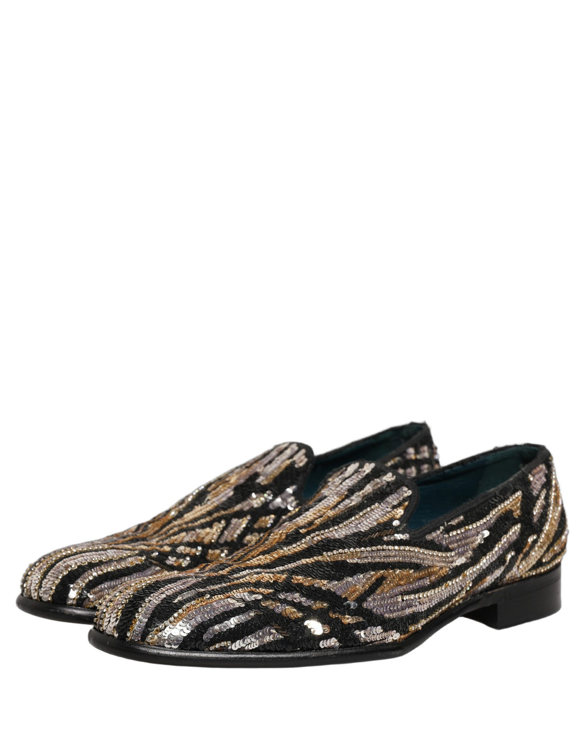 Gold Striped Sequin Embellished Loafer Shoes