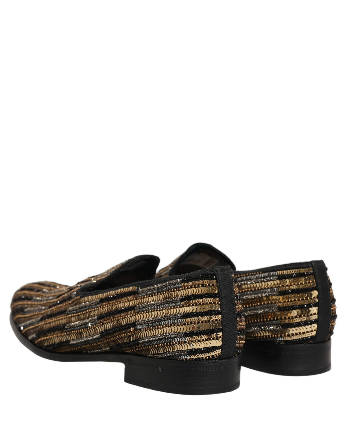Gold Striped Sequin Embellished Loafer Shoes