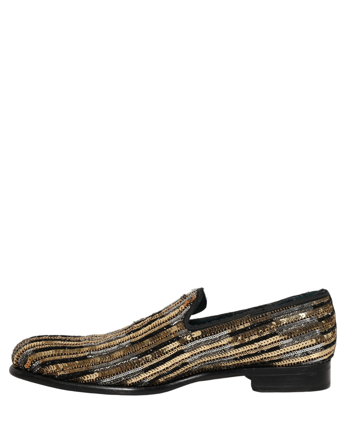 Gold Striped Sequin Embellished Loafer Shoes
