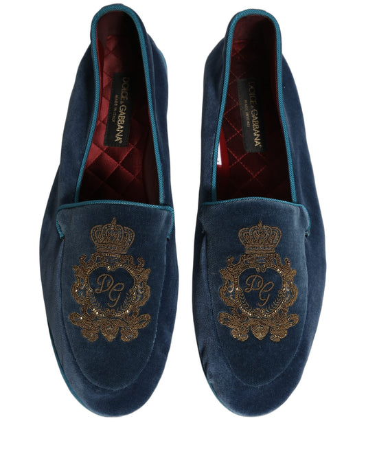 Blue Velvet Crown Embroidery Loafers Shoes